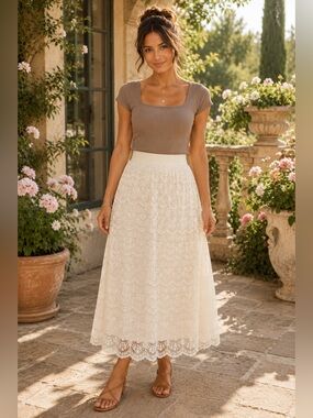 NWOT CATO Ivory Lace Midi Skirt Size Large Boho Cottagecore Romantic A33